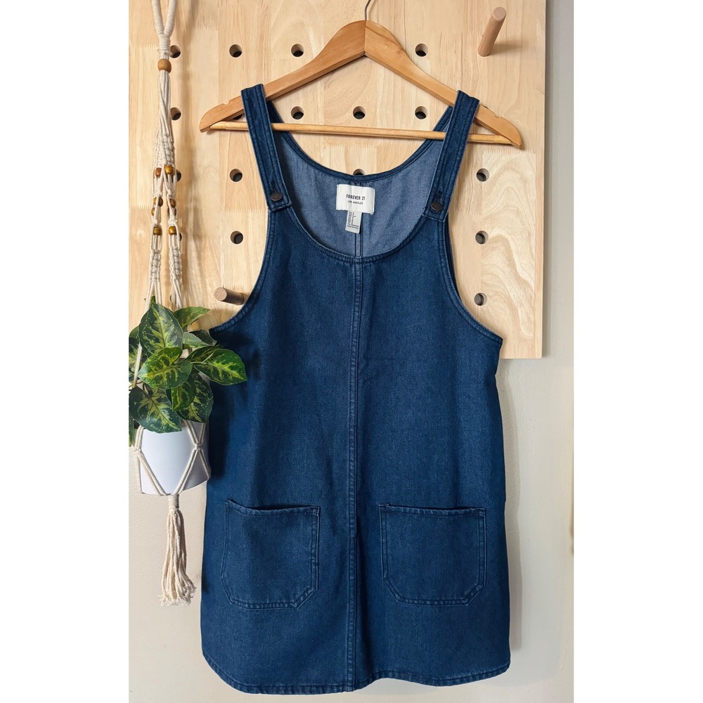 Forever 21 Womens Blue Denim Overall Pinafore Mini Dress Dark Wash Size Small